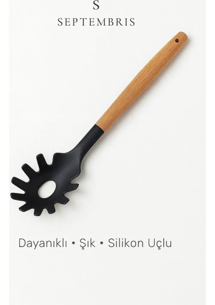 Siyah Bambu Saplı Silikon Makarna Servis Kaşığı | Spagetti Kaşığı