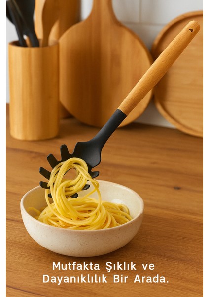 Siyah Bambu Saplı Silikon Makarna Servis Kaşığı | Spagetti Kaşığı fiyatları
