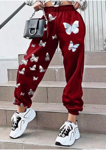 Punıx Büyük Beden Özel Tasarım Gökkuşağı Kelebekleri Baskılı Kışlık Jogger Kadın Eşofman Altı