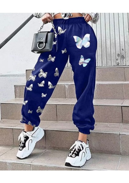 Punıx Büyük Beden Özel Tasarım Gökkuşağı Kelebekleri Baskılı Kışlık Jogger Kadın Eşofman Altı