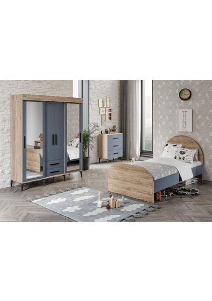 Izmir Çocuk Odası Takımı Tamamı Mdf Antrasit ve Flora Aynalı