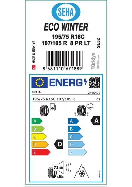 SL52 Talas 195/75 R16C 107/105R Kış Lastiği (Üretim: 2025) fiyatları