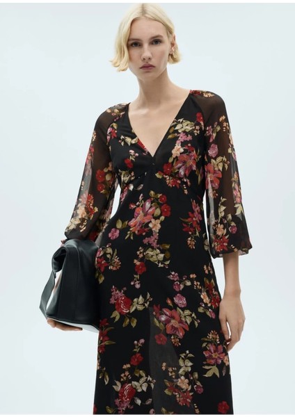 Çiçekli Balon Kollu Elbise