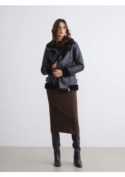 Lcw Vision Siyah Biker Yaka Kadın Deri Görünümlü Mont fiyatları