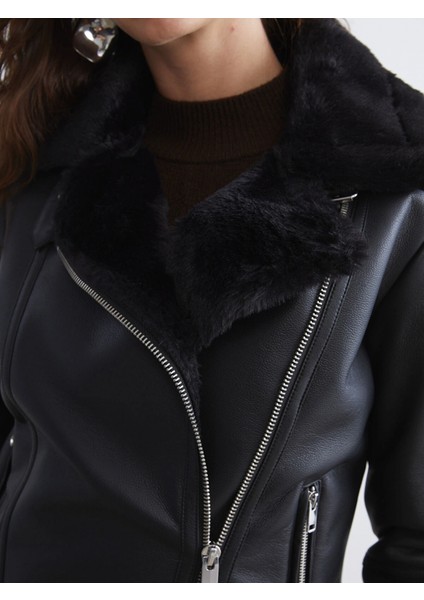 Lcw Vision Siyah Biker Yaka Kadın Deri Görünümlü Mont modelleri