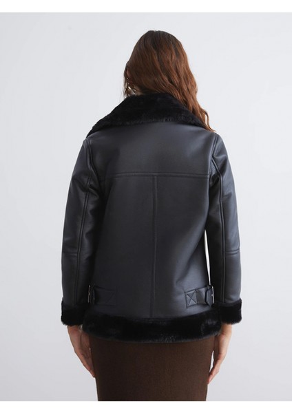 Lcw Vision Siyah Biker Yaka Kadın Deri Görünümlü Mont indirimleri