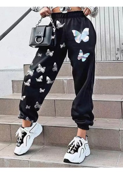 Punıx Büyük Beden Özel Tasarım Gökkuşağı Kelebekleri Baskılı Kışlık Jogger Kadın Eşofman Altı