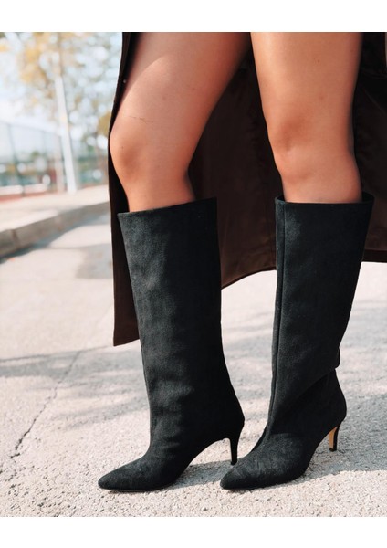 Gwen Kadın Topuklu Çizme Siyah Süet