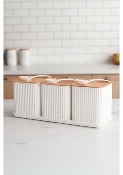 Valverdi - 3'lü 10 Parça Kaşıklı Bambu Görünümlü Tezgah Üstü Plastik Baharat Bakliyat Kavanoz Seti