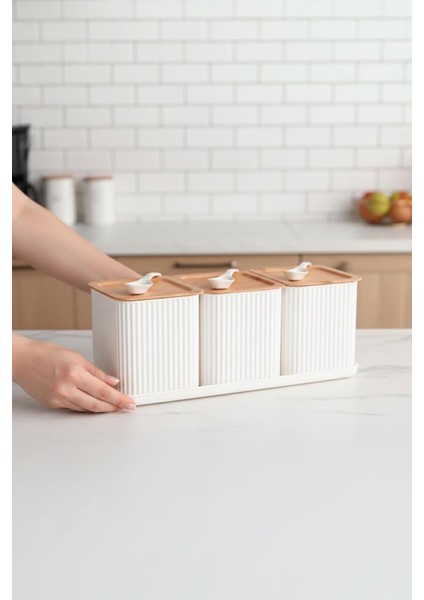 Valverdi - 3'lü 10 Parça Kaşıklı Bambu Görünümlü Tezgah Üstü Plastik Baharat Bakliyat Kavanoz Seti fırsatları