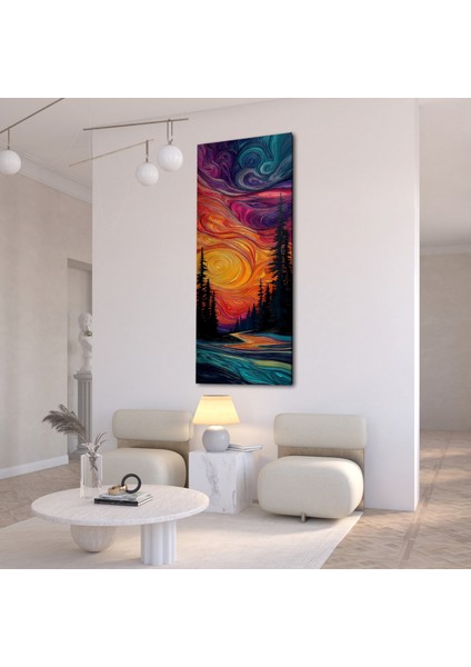 Panoramik Soyut Gün Batımı Orman Temalı Kanvas Tablo – Modern Dikey Renkli Duvar Dekoru