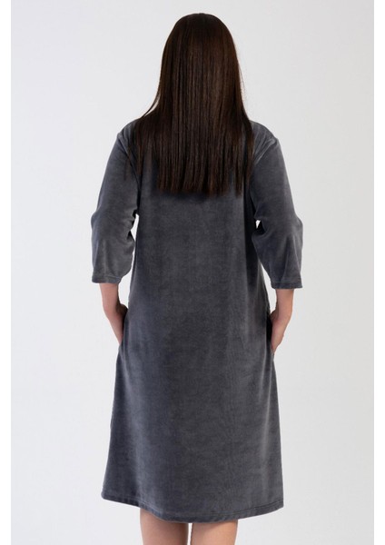 Kadın Büyük Beden Kadife Kumaş Kapri Kollu Fermuarlı Füme Renk Ev Elbisesi C0T1N1304 fırsatları
