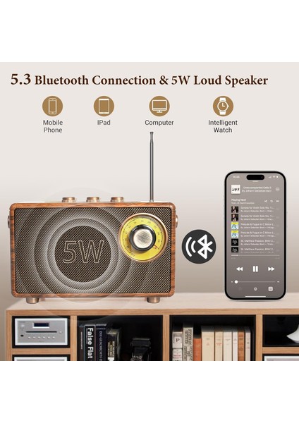Retro Bluetooth Radyo Hoparlör – 5.3 Kablosuz Bağlantı, 5W Güçlü Ses, 1500 Mah Şarjlı Batarya, Usb/tf/aux Girişli, Ahşap Tasarımlı Vintage Fm Radyo, 10.2cm Yükseklik Müzik Kutusu | AS23 modelleri