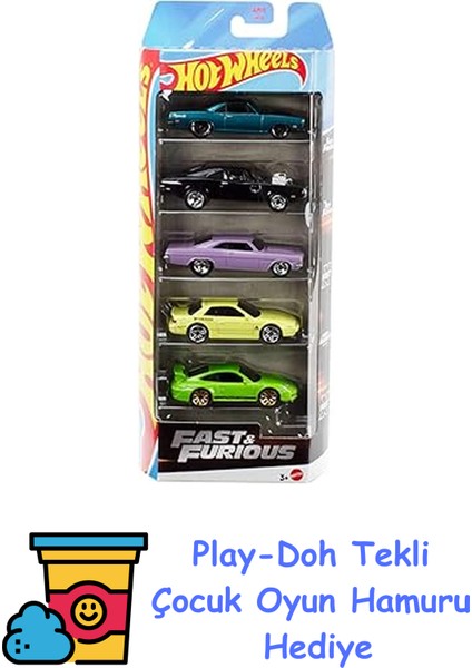 5'li Fast & Furious Araba Seti, Hızlı ve Öfkeli Filmlerindeki Arabalardan Ilham Alan 5 Adet 1:64 Ölçekli Metal Araç, JDR19 + Play-Doh Oyun Hamuru