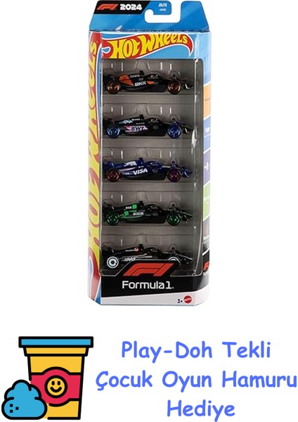 Formula 1 5'li Araba Seti, F1 Yarış Takımlarından Ilham Alan 5 Adet 1:64 Ölçekli Metal Araç, Koleksiyona Uygun Yarış Arabaları, JGF58 + Play-Doh Oyun Hamuru