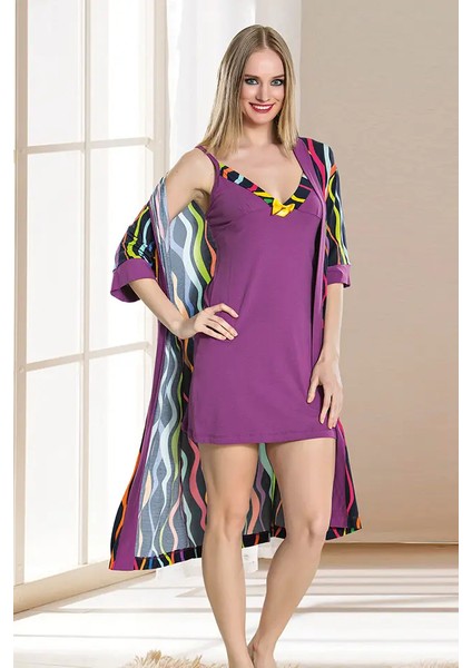 Lady Desenli Mor Penye Gecelik Sabahlık Takım
