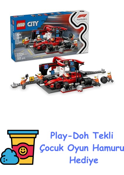 City Ferrari Arabalı F1 Pit Stop ve Pit Ekibi 60443-6 Yaş ve Üzeri Çocuklar Için Yarış Arabası Içeren Yaratıcı Oyuncak Yapım Seti, Doğum Günü Hediyesi (322 Parça) + Play-Doh Oyun Hamuru