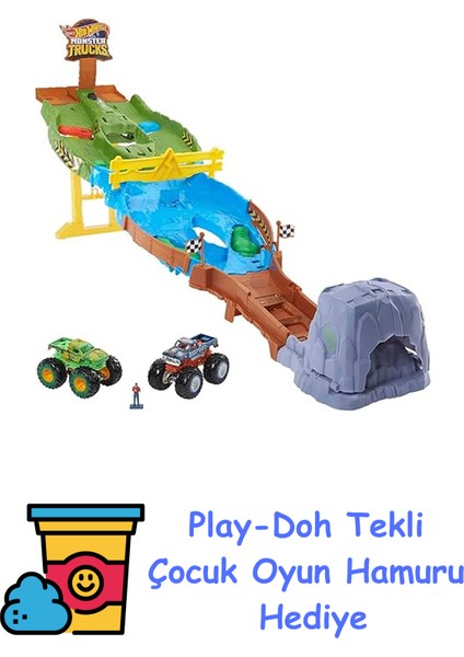 Monster Trucks Bigfoot ve Gunkster, Kolayca Saklama Özelliğiyle Monster Trucks Yıkım Pisti, HJG32 + Play-Doh Oyun Hamuru