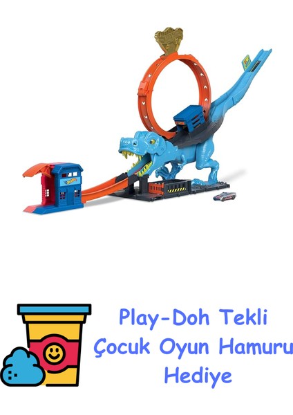 Dinozor ile Mücadele™ Oyun Seti 1 Adet Oyuncak Araba Içeren Hot Wheels™ Şehri Pist Seti, T-Rex Akrobasi ve Yarış Çemberli Oyun Seti HKX42 + Play-Doh Oyun Hamuru