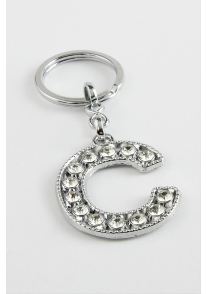 Techmrt Gümüş Renkli Taşlı Harf Anahtarlık-C