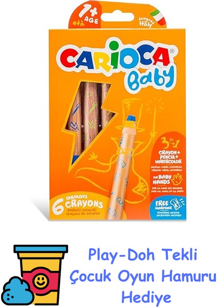 3 In 1 Jumbo Bebek Ahşap Gövdeli Boya Kalemi 6'lı,kalemtraş Hediyeli + Play-Doh Oyun Hamuru