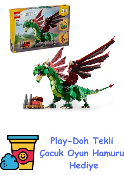 Creator 3’ü 1 Arada Orta Çağ Ejderhası 31161-9 Yaş ve Üzeri Çocuklar Için Deniz Yılanı ve Zümrüdüankaya Dönüşen Oyuncak Yapım Seti, Doğum Günü Hediyesi (715 Parça + Play-Doh Oyun Hamuru