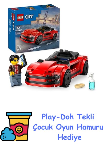 City Kırmızı Spor Araba 60448-5 Yaş ve Üzeri Çocuklar Için Yaratıcı Oyuncak Yapım Seti, Doğum Günü Hediyesi (109 Parça) + Play-Doh Oyun Hamuru