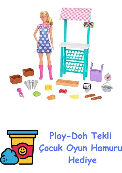 ® Çiftçi Pazarı Oyun Seti - Sarı Saçlı Bebek, Barbie Bebek, Tezgah, Kasa, Sebzeler, Ekmek, Çiçekler ve Çok Daha Fazlasıyla Çiftçi Pazarı Oyun Seti, 3 Yaş ve Üzer + Play-Doh Oyun Hamuru