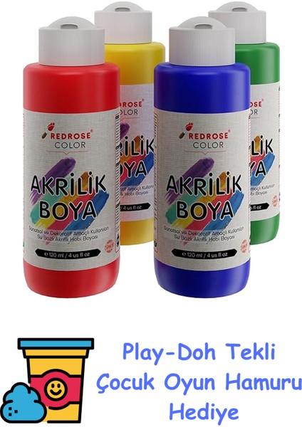 Ana Renkler Akrilik Boya 4'lü Set 4X120 ml + Play-Doh Oyun Hamuru