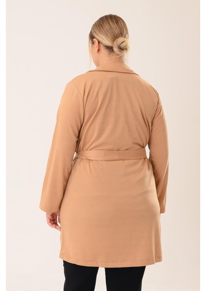 Pınkmark Kadın Camel Kuşaklı Kruvaze Büyük Beden Uzun Ceket PMCK25541