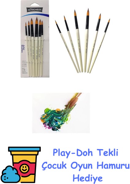 6'lı Liner Resim Sanat Fırça Seti Akrilik Guaj Yağlı Suluboya + Play-Doh Oyun Hamuru
