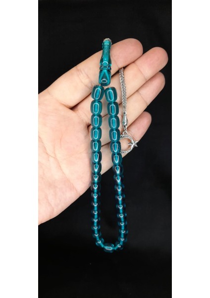 Sıkma Kehribar Tesbih Kapsül Kesim Mavi-Turkuaz Renk T-349 fırsatları