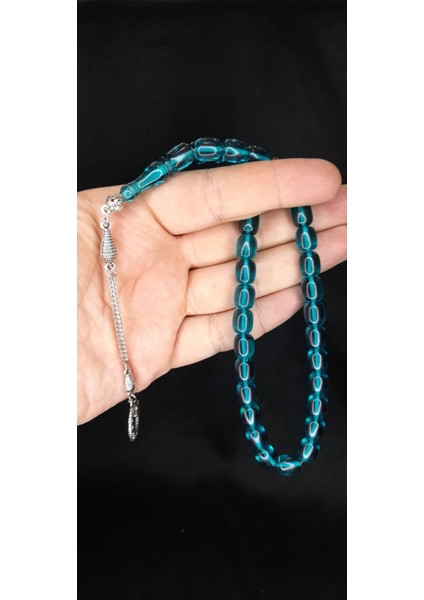 Sıkma Kehribar Tesbih Kapsül Kesim Mavi-Turkuaz Renk T-349