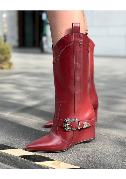 Bonvir Kadın Kovboy Çizme Bordoparlak Deri