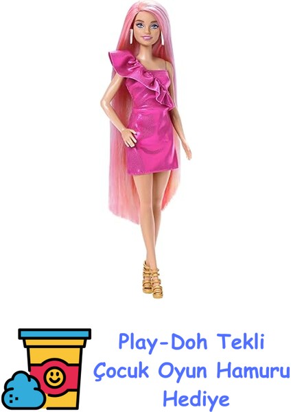 Upuzun Muhteşem Saçlı Bebekler Pembe Saçlı Bebek Barbie Upuzun Muhteşem Saçlı Bebekler™, Ekstra Uzun Sarı Saçlı Bebek ve Stil Aksesuarları JDC85 + Play-Doh Oyun Hamuru