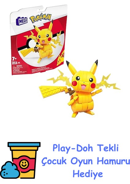 Mega Pokémon Aksiyon Figürü Yapı Oyuncakları, 211 Parçalı Pikachu, 10 cm Uzunluğunda, Eklemleri Bükülebilen Karakter, Çocuklar Için Hediye Önerileri, GMD31 + Play-Doh Oyun Hamuru