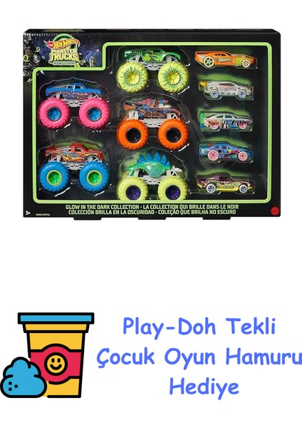 Monster Trucks Karanlıkta Parlayan Araçlar Paketi Hot Wheels Monster Trucks Karanlıkta Parlayan Araçlar Paketi 5 Adet Monster Trucks Aracı ve 5 Adet Araba I + Play-Doh Oyun Hamuru
