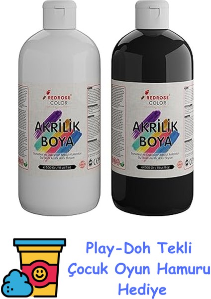 Beyaz, Siyah Akrilik Boya 2'li Set 2X500 gr + Play-Doh Oyun Hamuru