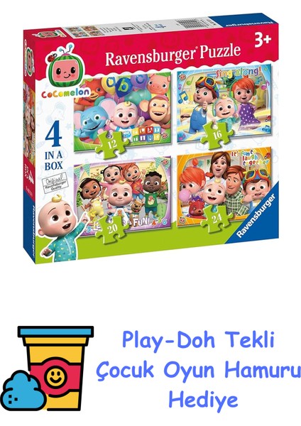, 4 Puzzle Tek Kutuda Cocomelon, Çocuk Puzzle + Play-Doh Oyun Hamuru