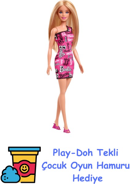 Çıkarılabilir, Tek Omuzlu, Pembe Elbisesi ve Logo Baskılı Ayakkabılarıyla Düz Sarı Saçlı Bebek, HRH07 + Play-Doh Oyun Hamuru
