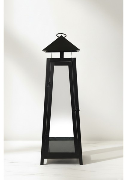 Eliza Metal Mumluk Şamdan - Askılı Cam Panelli Dekoratif 60 cm Siyah Fener