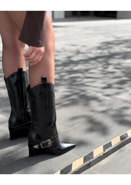 Bonvir Kadın Kovboy Çizme Siyah Parlak Deri modelleri