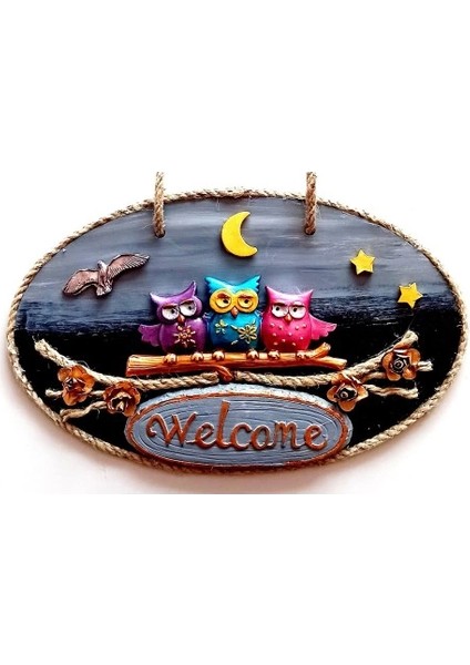 Renkli Baykuşlu Welcome Yazılı El Yapımı Kapı Süsü