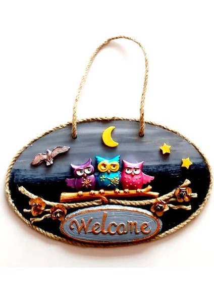 Renkli Baykuşlu Welcome Yazılı El Yapımı Kapı Süsü fiyatları