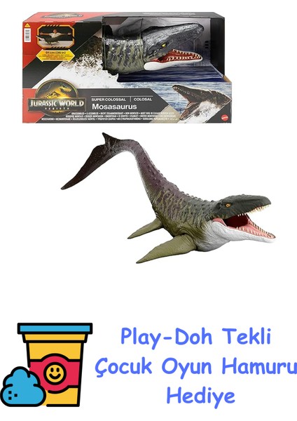 Mattel Jurassic World Rebirth Devasa Mosasaurus Aksiyon Figürü, 2 Saldırı Hareketine Sahip Dinozor Oyuncağı, Filmden Uyarlanan Tasarım, Bükülebilir Eklemler, JGB51 + Play-Doh Oyun Hamuru