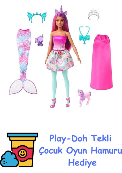™ Dreamtopia Bebek ve Aksesuarlar Barbie Bebek ve Evcil Hayvanları, Kıyafetli Bebek, Deniz Kızı Kuyruğu ve Etek HLC28 + Play-Doh Oyun Hamuru