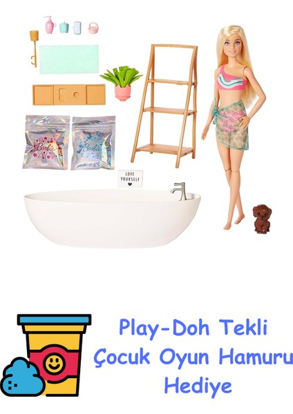 Wellness - Barbie'nin Spa Günü Oyun Seti, Çocuklar Için Oyuncaklar, Sarışın, Renkli Konfeti Sabun ve Aksesuarları, Kişisel Bakım ve Sağlıklı Yaşam Temalı, HKT92 + Play-Doh Oyun Hamuru