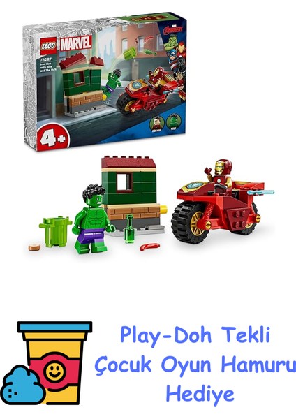 | Marvel Motosikletli Iron Man ve Hulk 76287-4 Yaş ve Üzeri Süper Kahraman Sevenler Için Avengers Minifigürleri Içeren Yaratıcı Oyuncak Yapım Seti (68 Parça) + Play-Doh Oyun Hamuru