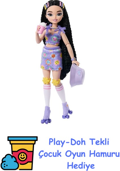 Rüya Arkadaşlar Bebek ve Aksesuarları, Eklemleri Bükülebilen, Siyah Saçlı, Patenci Renee Bebek, Video ve Yemek Temalı 12 Parça, JFX99 + Play-Doh Oyun Hamuru