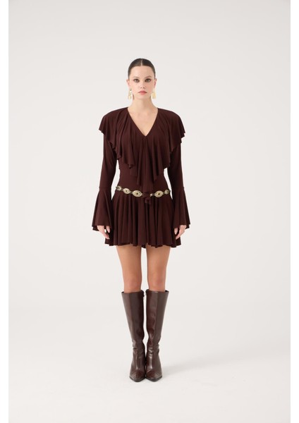 Fırfırlı Mini Yolanthe Elbise Kahve